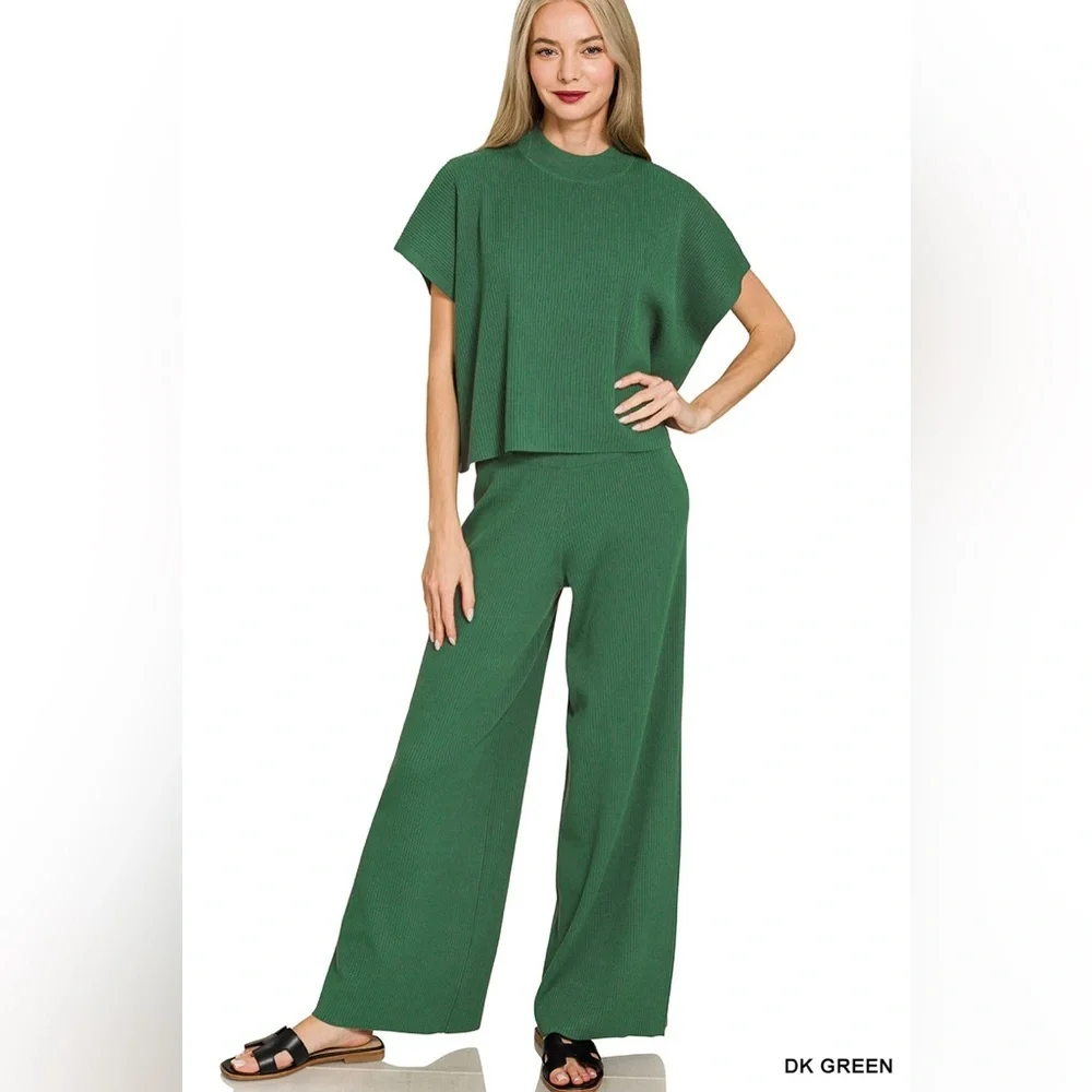 NEW Zenana Dark Green Ribbed Matching Set Size Small Viscose Top High Rise Pants